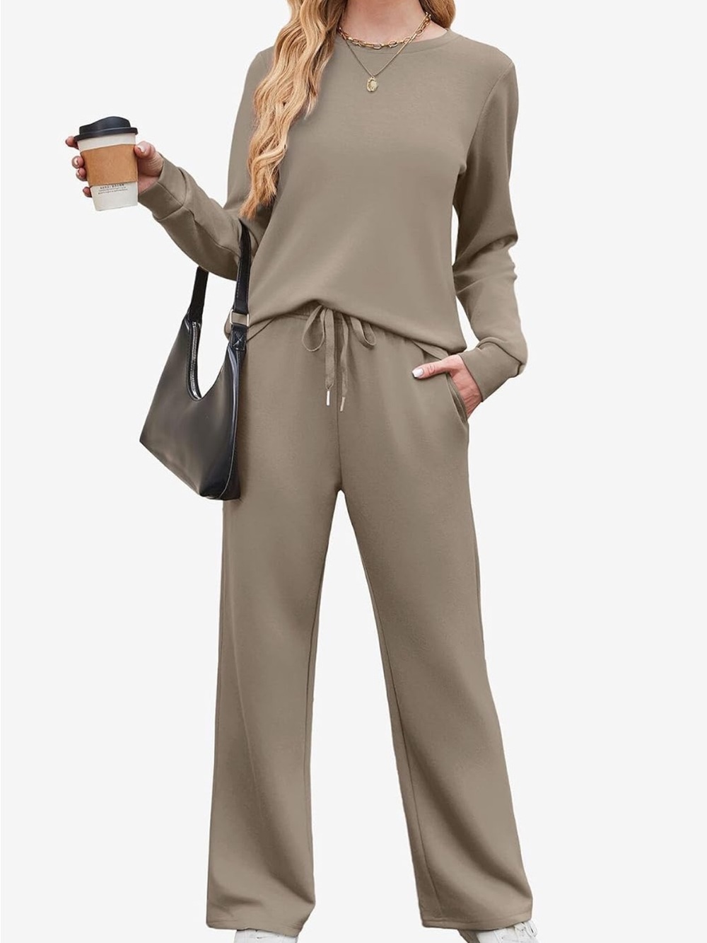 WIHOLL Women’s 2 Piece Lounge Outfit, Light Coffee MEDIUM - Picture 2 of 8